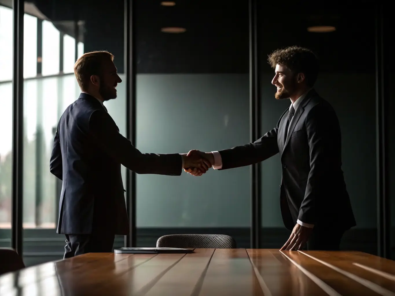 A professional shaking hands with a client over a contract, symbolizing legal agreements and protection.